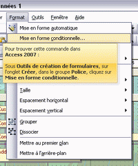 Page d'accueil de Correspondance interactive des menus d'Access 2003  Access 2007